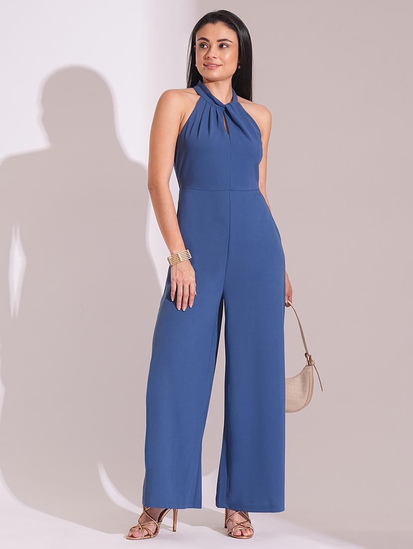 globus women blue twisted pleated detail keyhole halter neck wide leg workwear jumpsuit - 21704480 - Zoom Image - 0