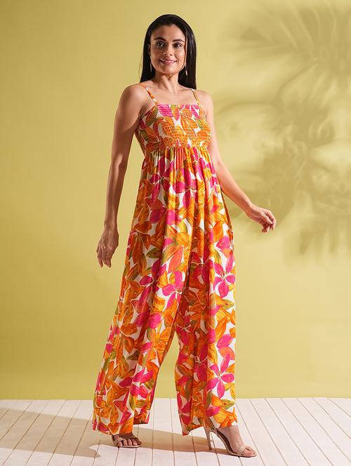 globus women multi-color square neck adjustable strappy shoulder smocked floral print wide leg jumpsuit - 21704481 - Standard Image - 0