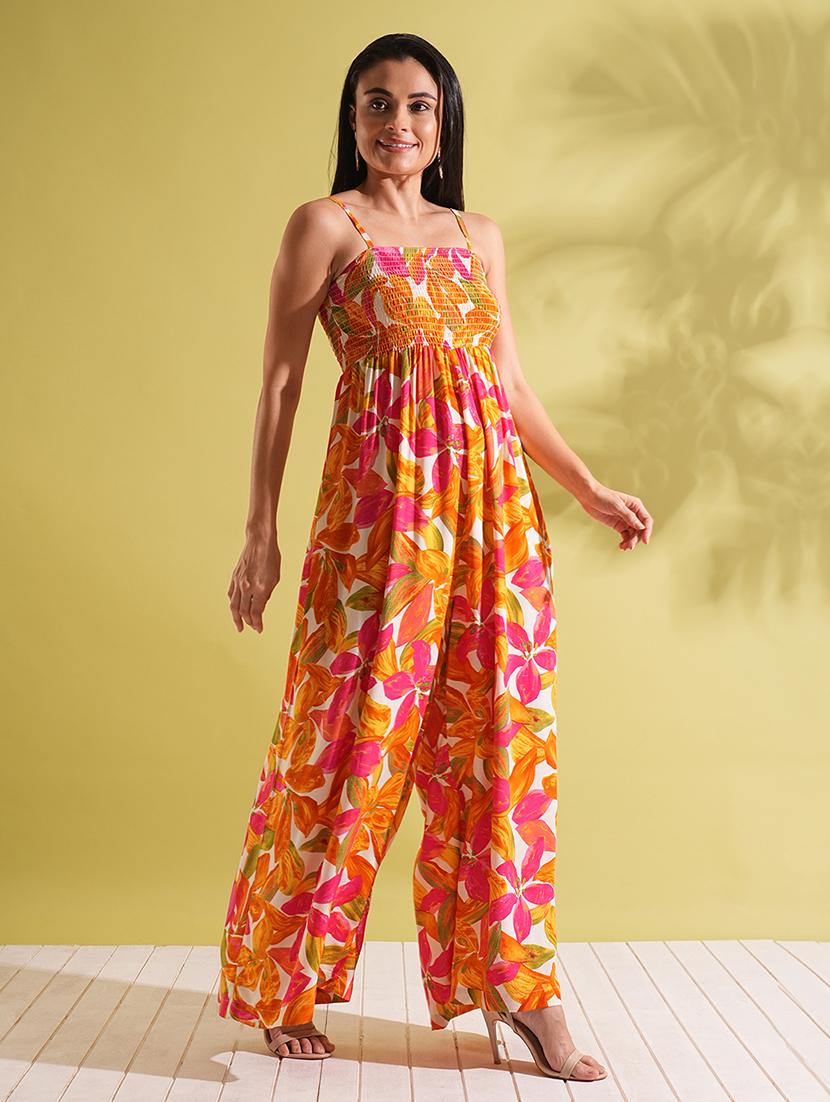 globus women multi-color square neck adjustable strappy shoulder smocked floral print wide leg jumpsuit - 21704481 - Zoom Image - 0