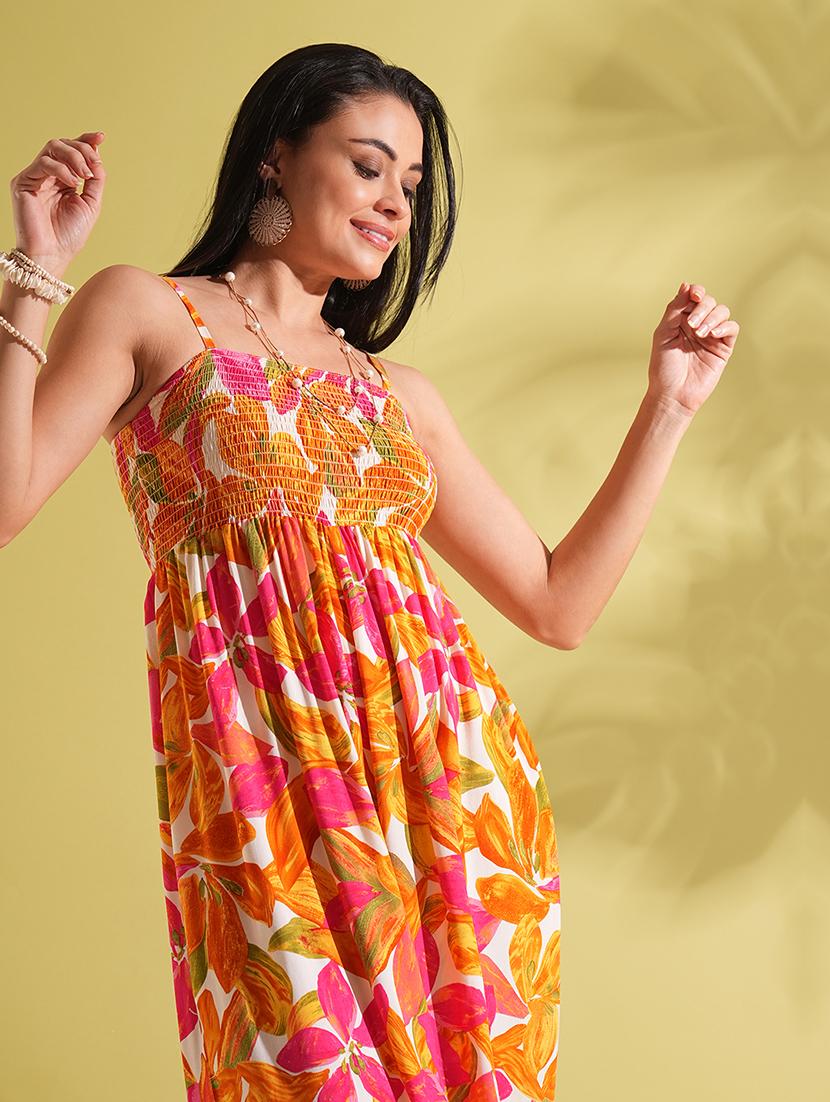 globus women multi-color square neck adjustable strappy shoulder smocked floral print wide leg jumpsuit - 21704481 - Standard Image - 3