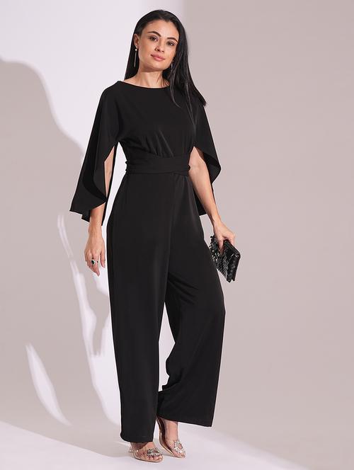 globus women black boat neck cape sleeves criss cross waist tie-up detail satin party jumpsuit - 21704483 -  Standard Image - 0