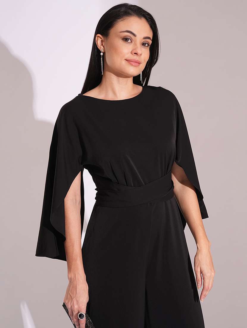 globus women black boat neck cape sleeves criss cross waist tie-up detail satin party jumpsuit - 21704483 -  Standard Image - 3
