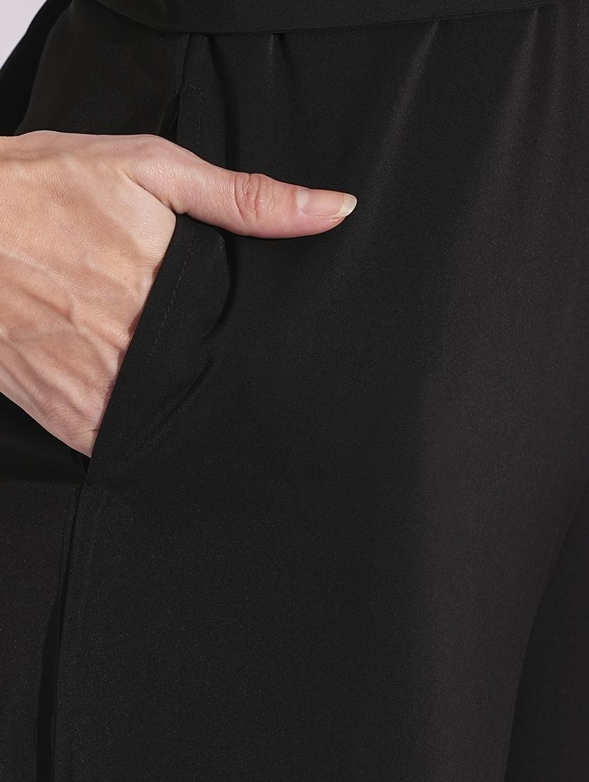 globus women black boat neck cape sleeves criss cross waist tie-up detail satin party jumpsuit - 21704483 - Standard Image - 5