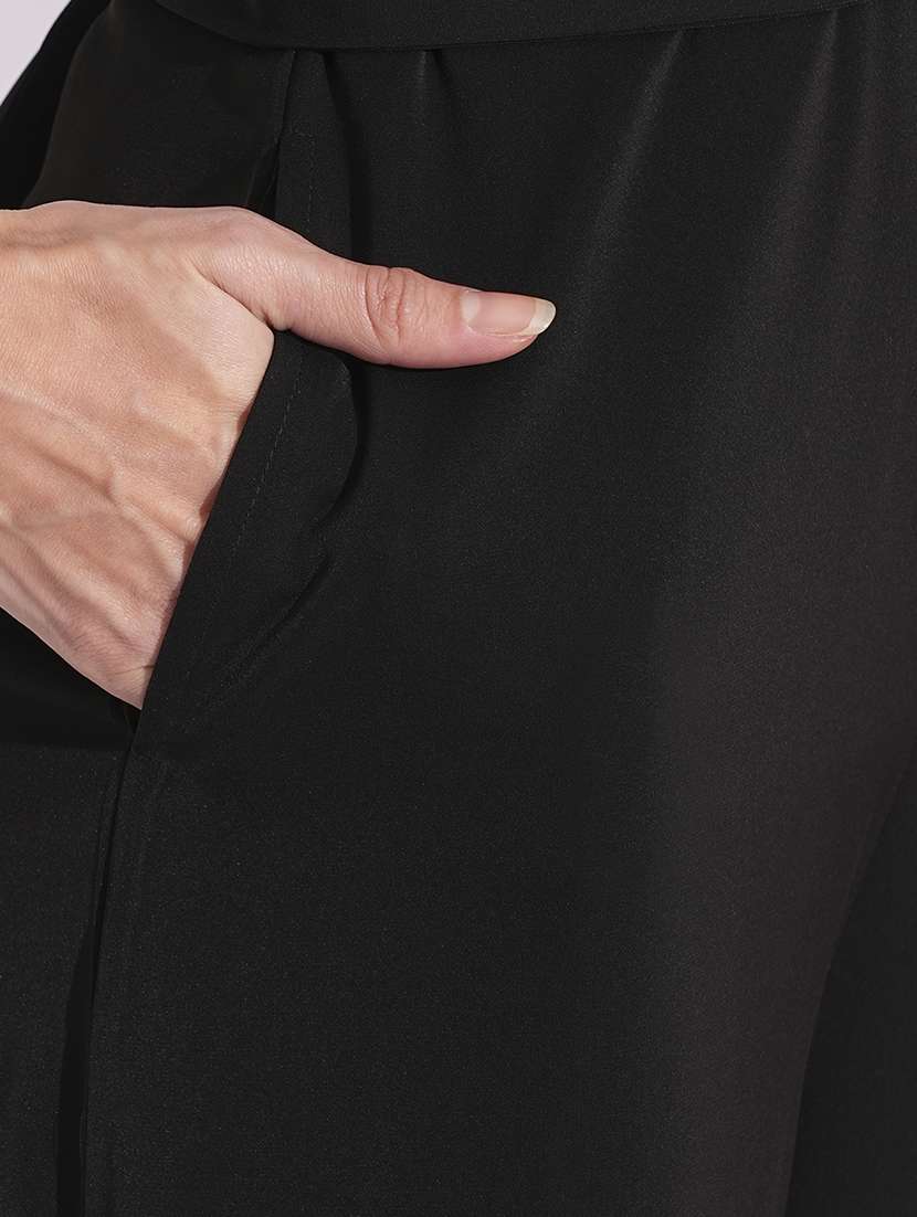 globus women black boat neck cape sleeves criss cross waist tie-up detail satin party jumpsuit - 21704483 -  Standard Image - 5