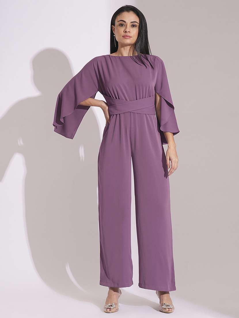 globus women purple boat neck cape sleeves criss cross waist tie-up detail satin party jumpsuit