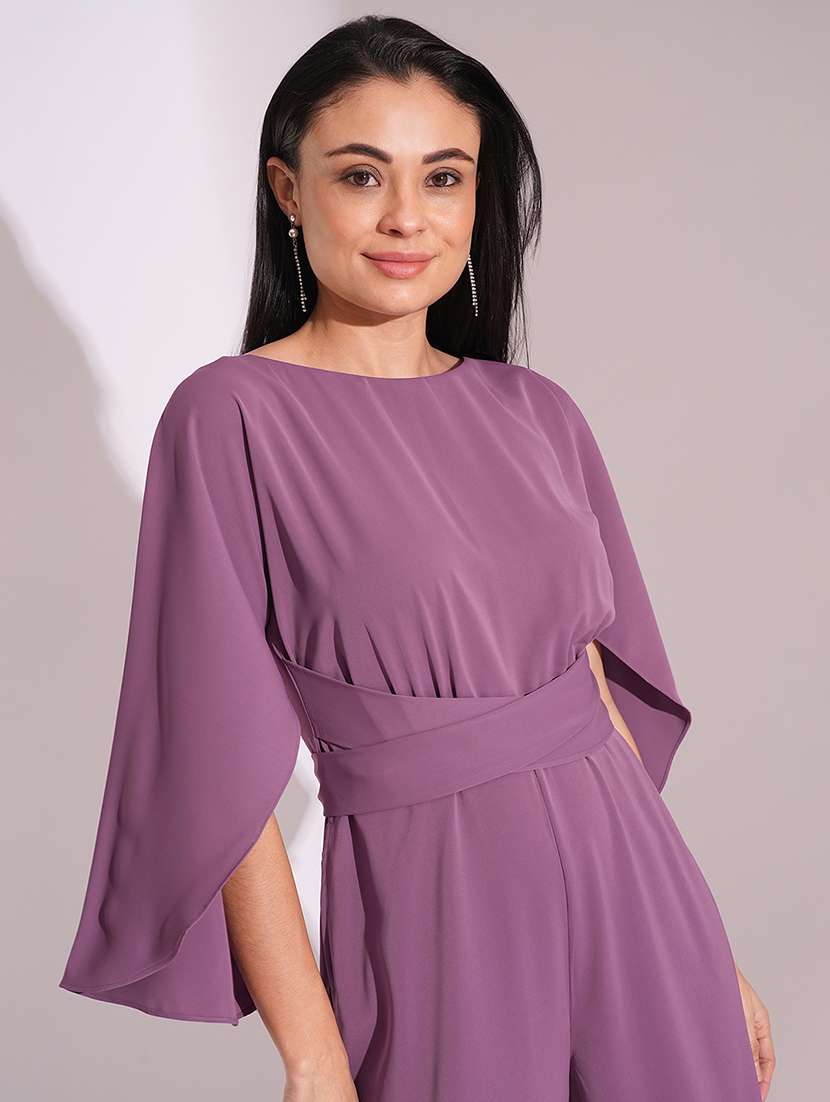 globus women purple boat neck cape sleeves criss cross waist tie-up detail satin party jumpsuit - 21704484 -  Standard Image - 3