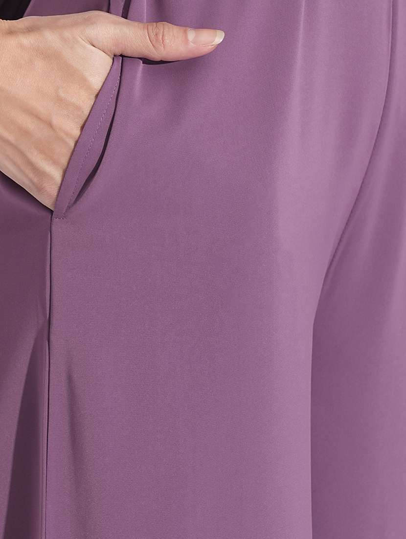 globus women purple boat neck cape sleeves criss cross waist tie-up detail satin party jumpsuit - 21704484 -  Standard Image - 5