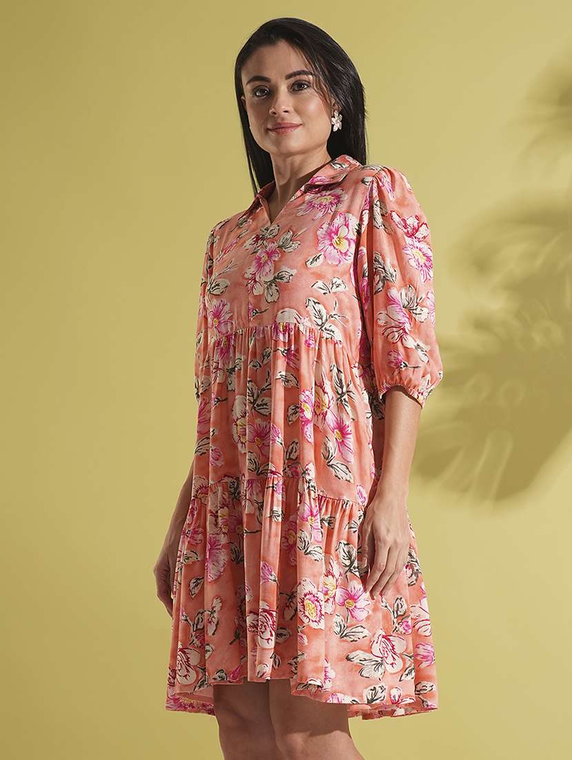 women floral printed shirt collar neck tiered dress - 21704489 -  Zoom Image - 0