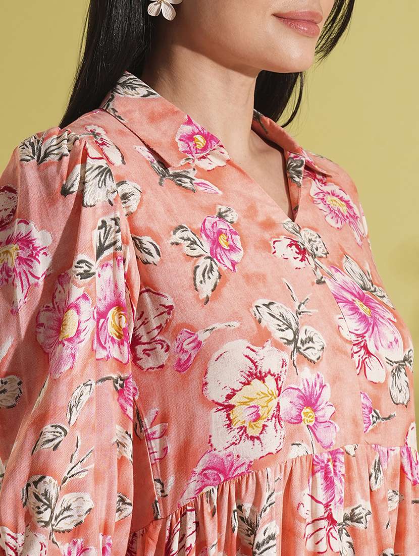 women floral printed shirt collar neck tiered dress - 21704489 -  Standard Image - 3