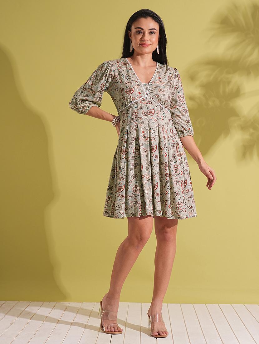 globus women grey v-neck puff sleeves paisley print lace insert pleated a-line fusion dress - 21704492 -  Zoom Image - 0