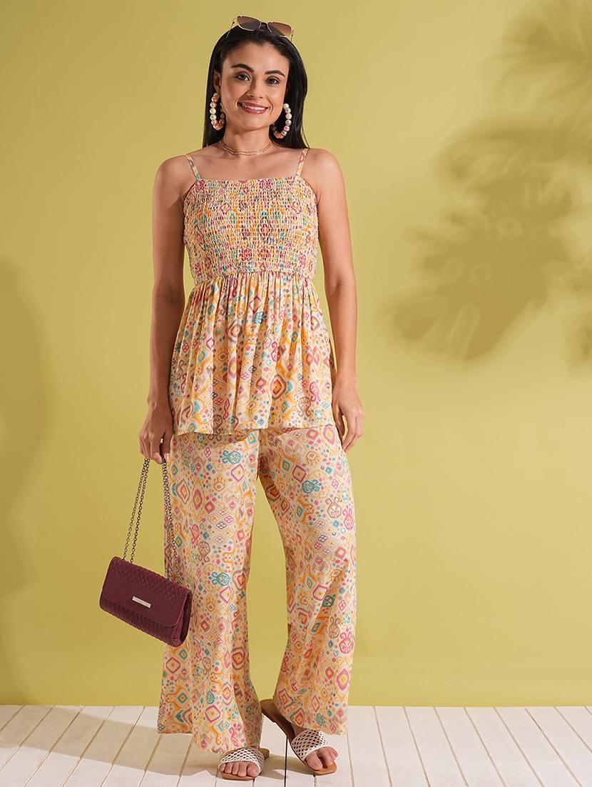 globus women yellow indie print strappy shoulder smocked peplum top & palazzos fusion co-ord set - 21704496 - Zoom Image - 0