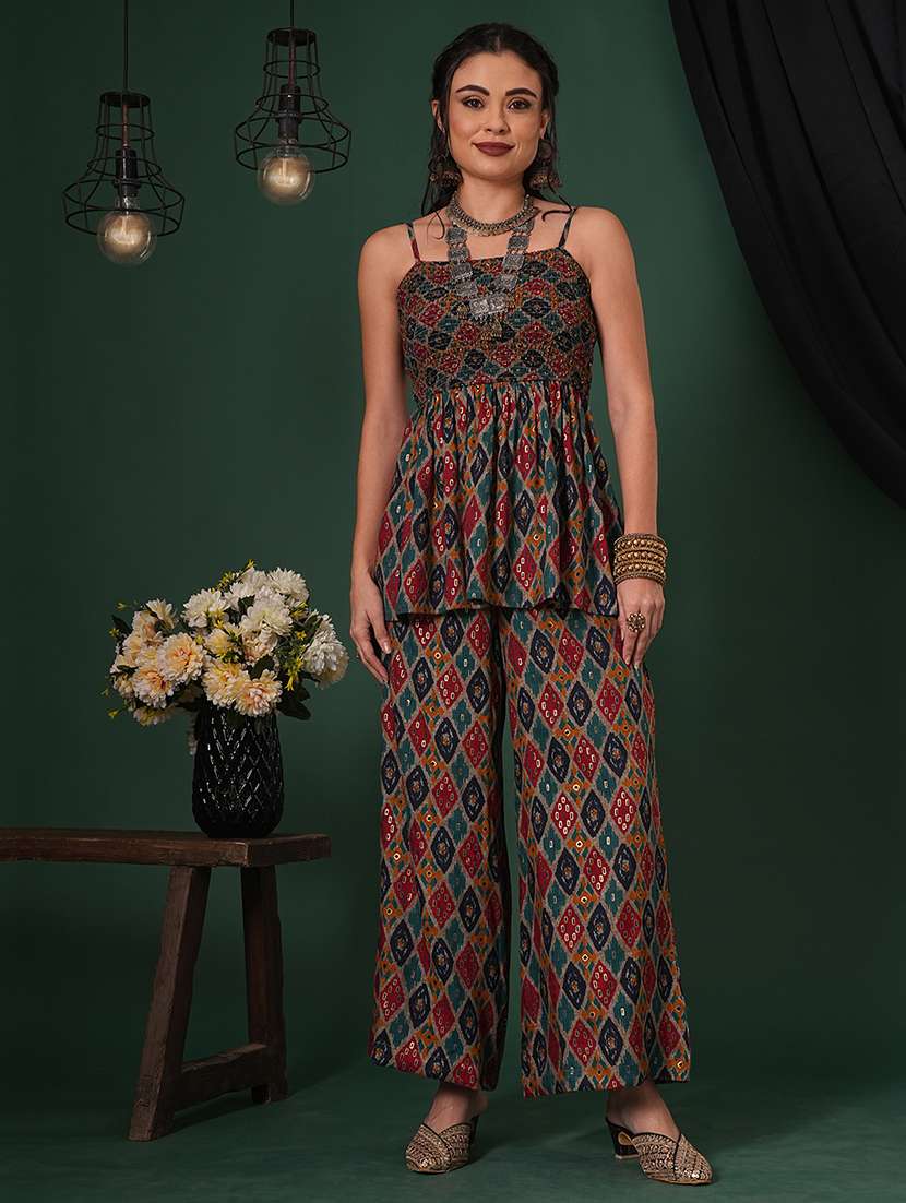 globus women multi-color indie print strappy shoulder smocked peplum top & palazzos fusion co-ord set