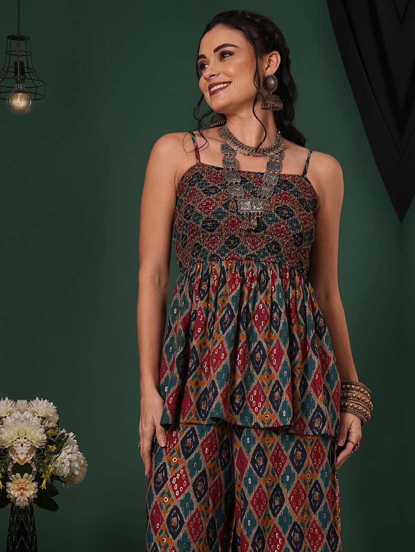 globus women multi-color indie print strappy shoulder smocked peplum top & palazzos fusion co-ord set - 21704497 -  Standard Image - 3