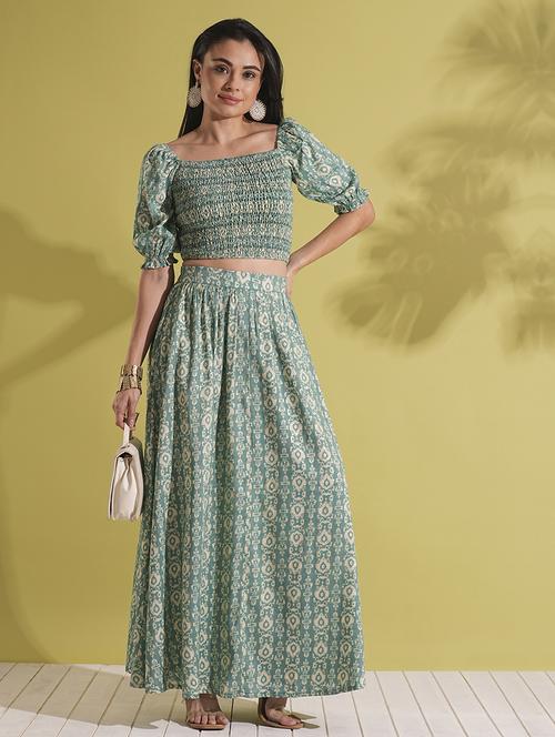 globus women green indie print square neck puff sleeves smocked crop top & maxi skirt fusion co-ord set - 21704498 -  Standard Image - 0