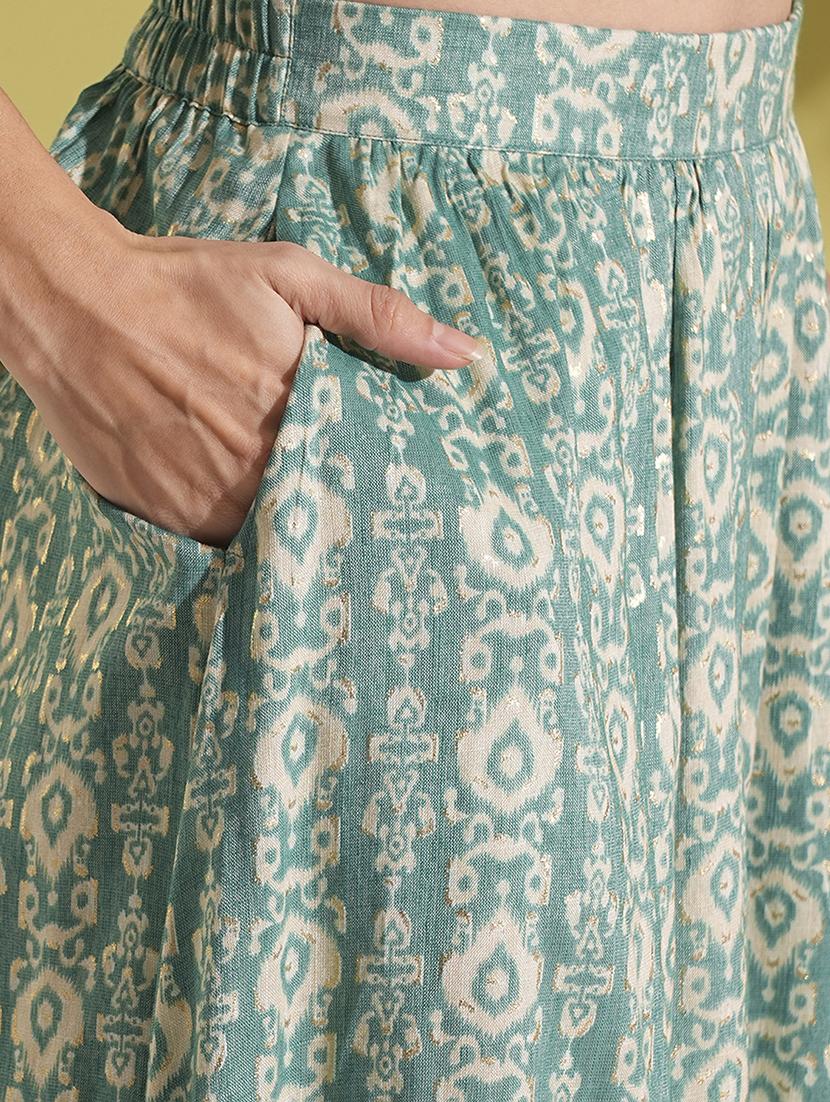 globus women green indie print square neck puff sleeves smocked crop top & maxi skirt fusion co-ord set - 21704498 - Standard Image - 5