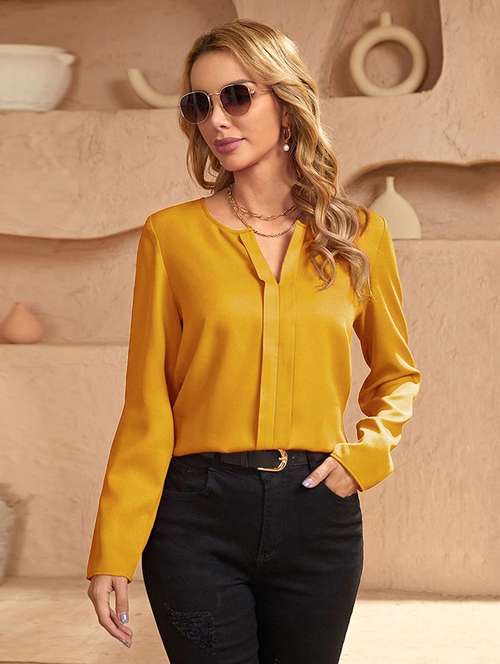 women solid notch neck long sleeves top - 21705269 - Standard Image - 0