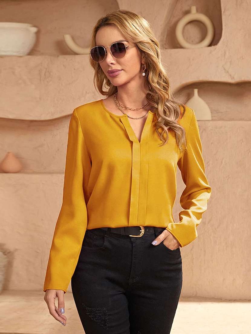 women solid notch neck long sleeves top - 21705269 - Zoom Image - 0