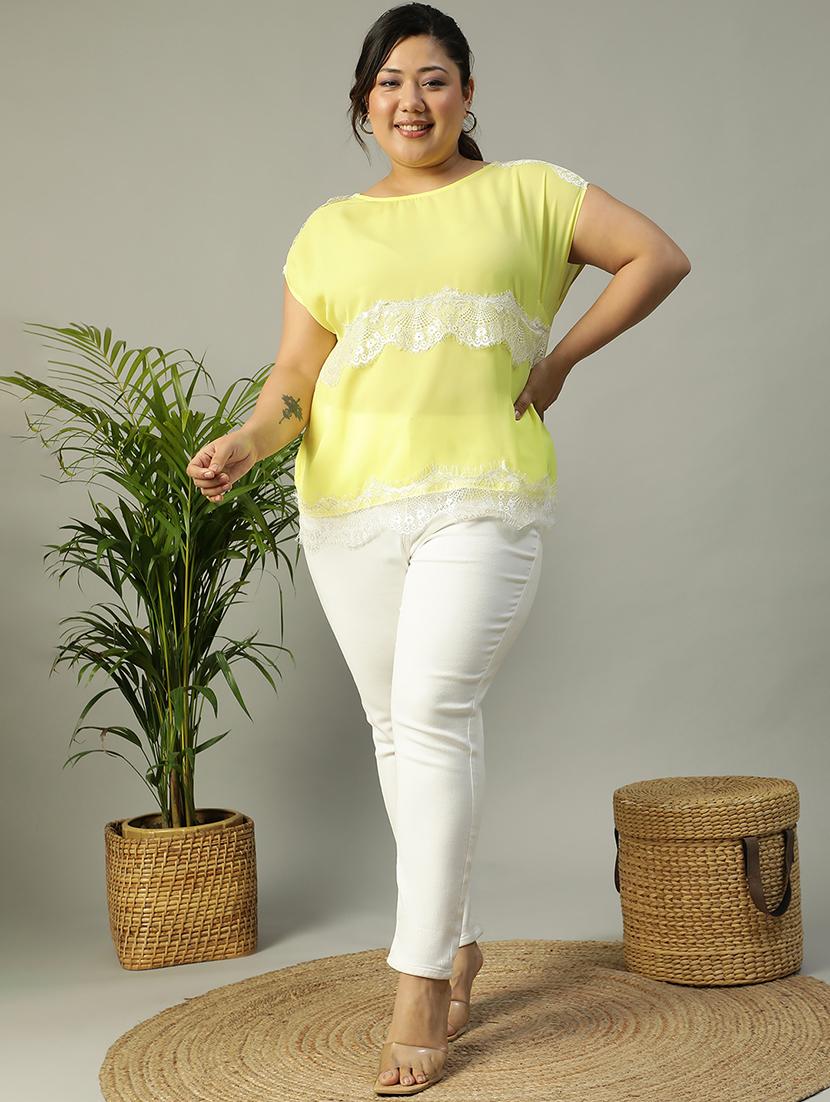 women yellow solid round neck plus size top - 21705454 - Standard Image - 3