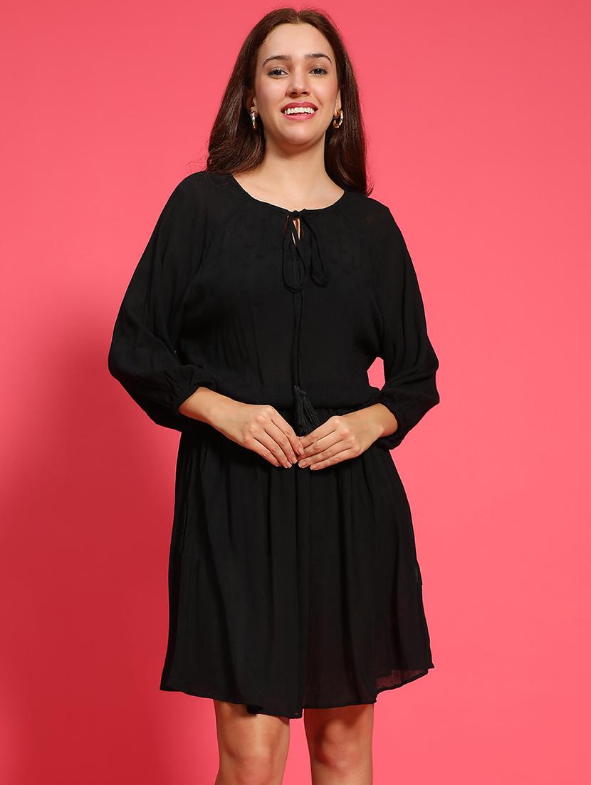 women solid tie up neck fit & flare dress - 21705515 - Zoom Image - 0