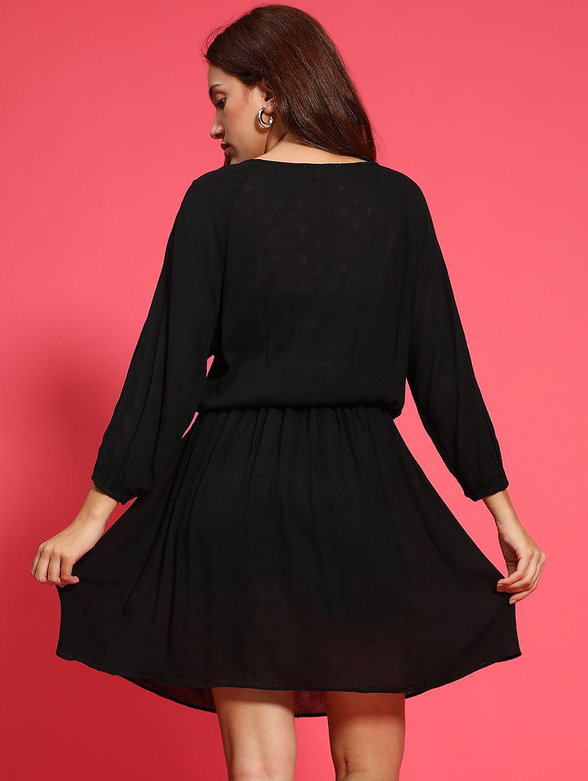 women solid tie up neck fit & flare dress - 21705515 - Standard Image - 3