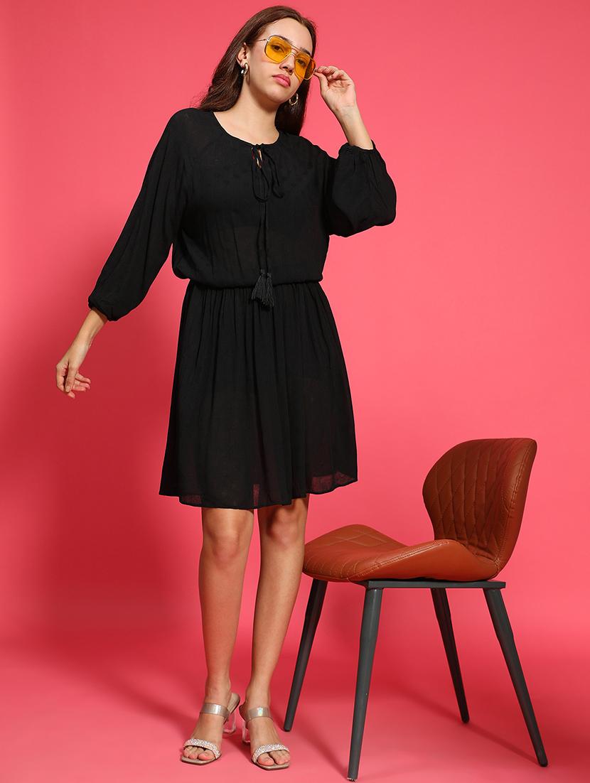 women solid tie up neck fit & flare dress - 21705515 - Standard Image - 5