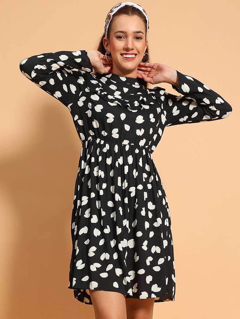 womeb black printed long sleeve fit & flare dress