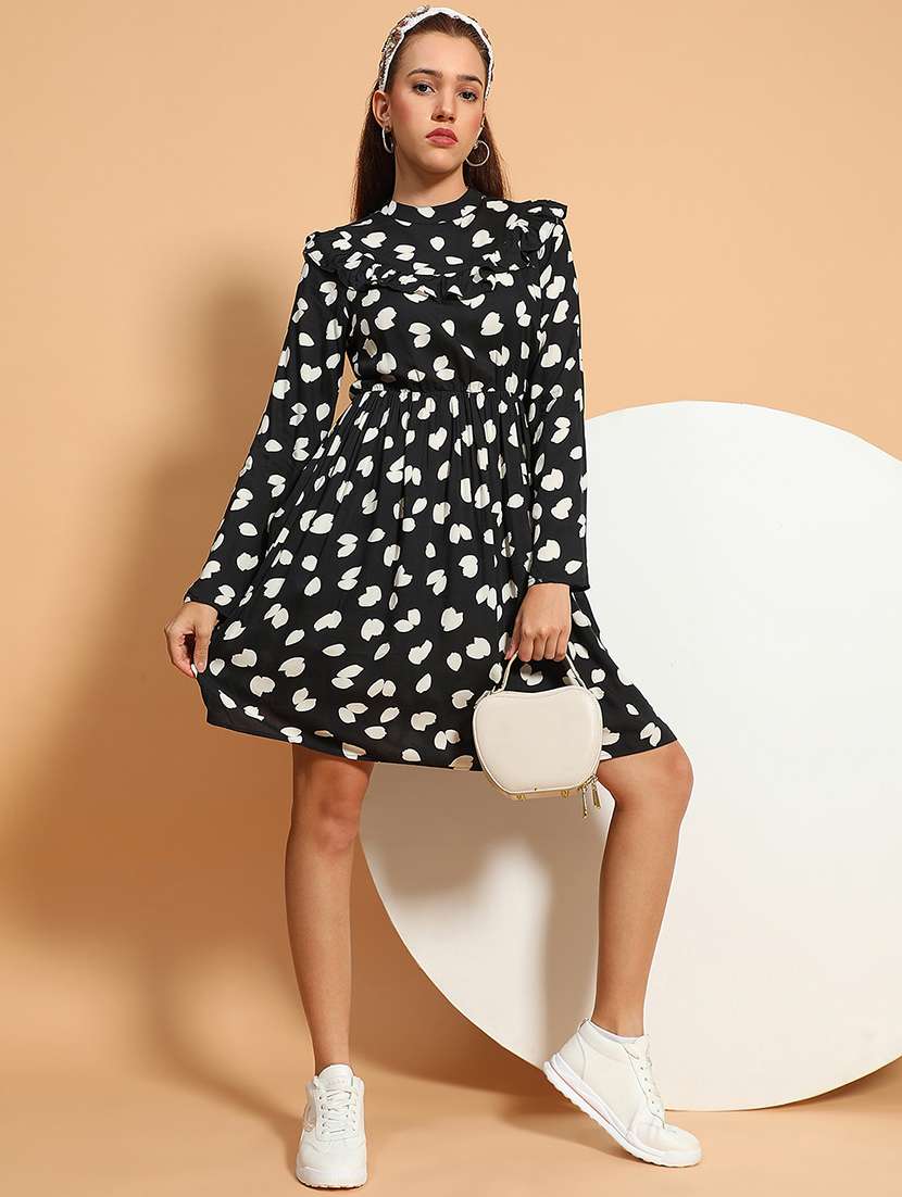 Womeb Black Printed Long Sleeve Fit & Flare Dress - 21705521 -  Standard Image - 3