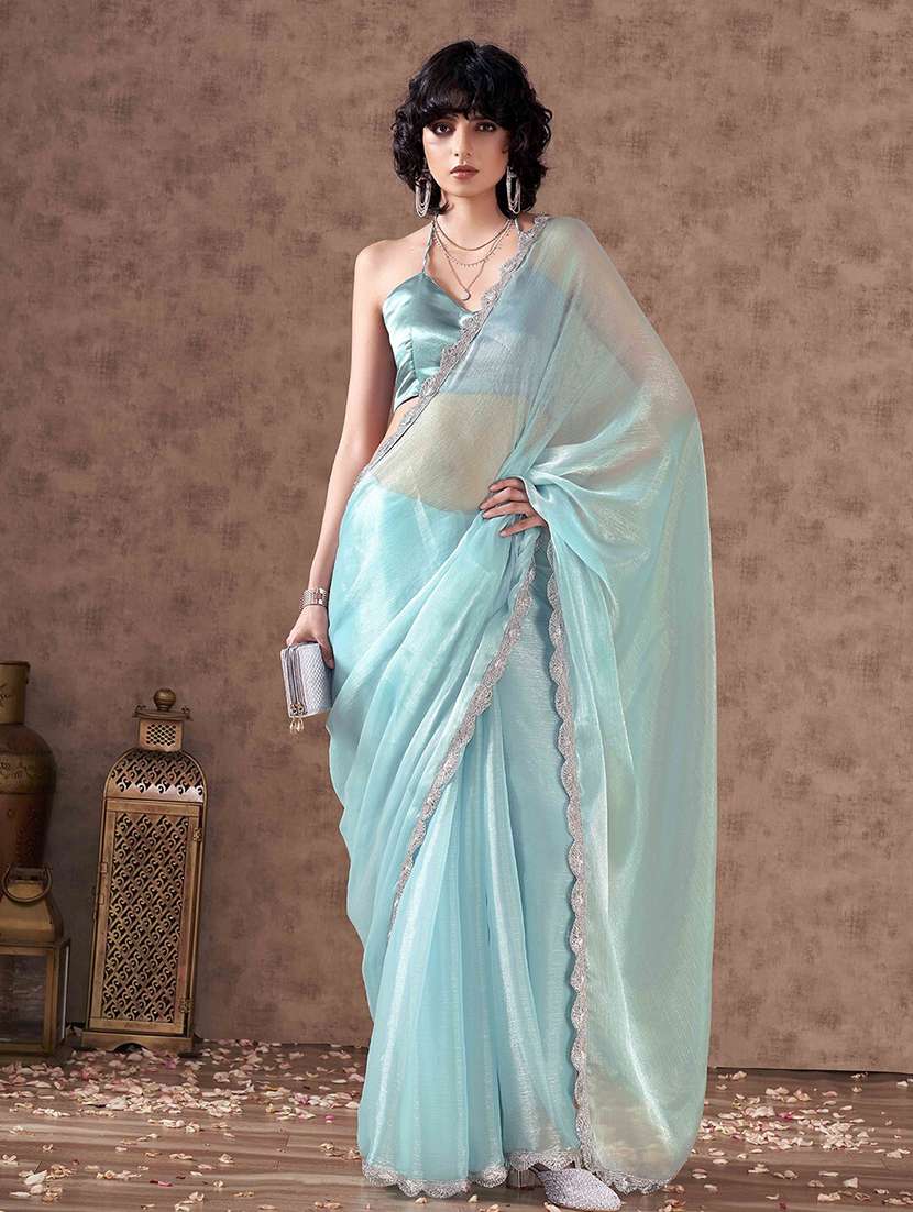 women light blue plain lace work saree with blouse - 21705558 - Zoom Image - 0