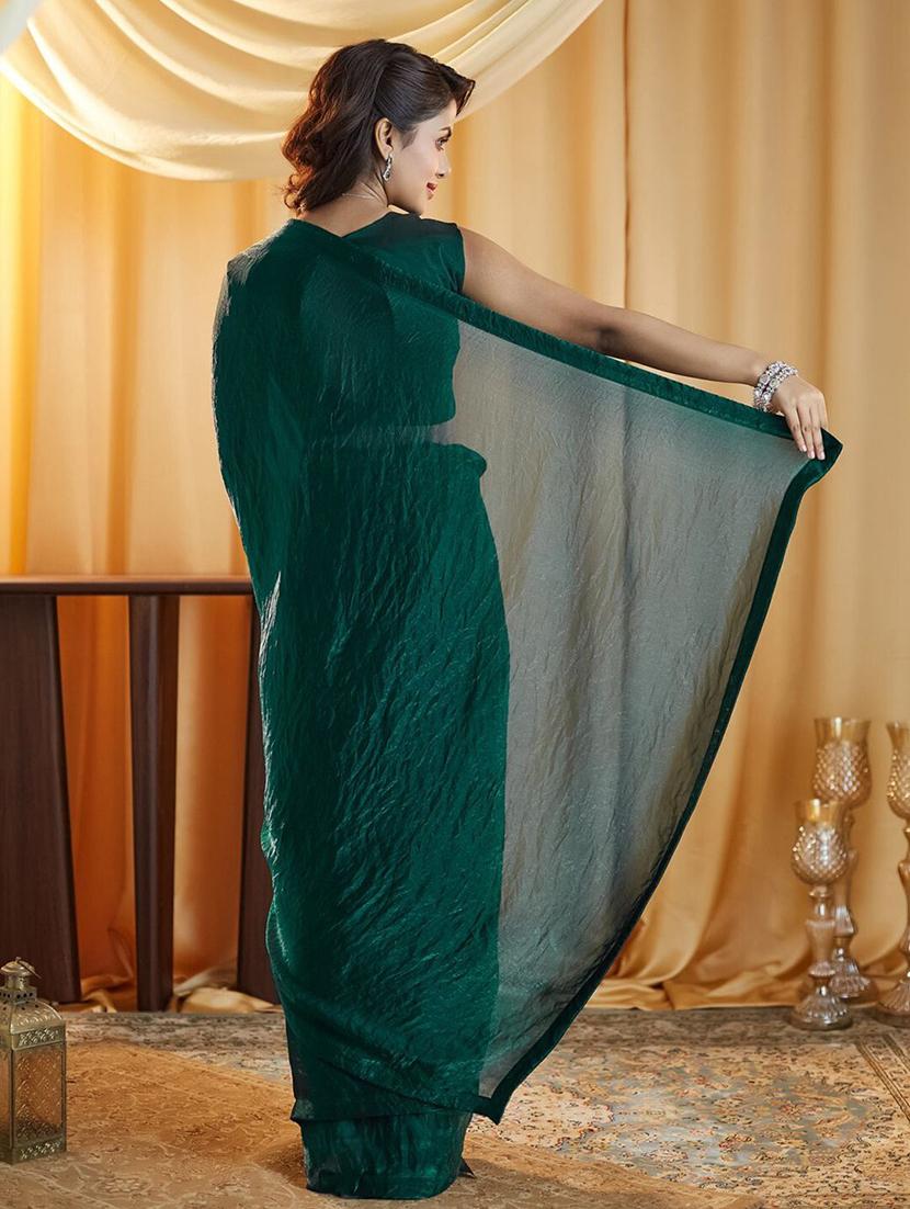 women bottle green solid saree with blouse - 21705576 - Standard Image - 3