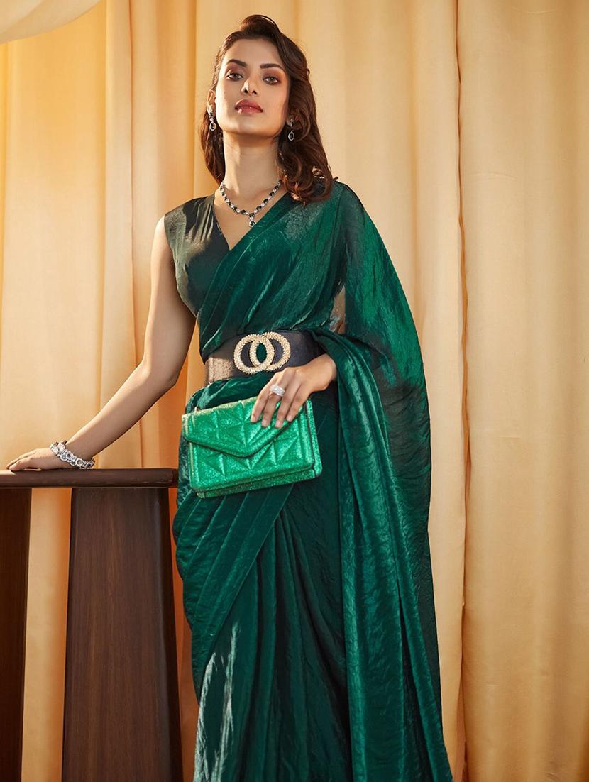 women bottle green solid saree with blouse - 21705576 - Standard Image - 5