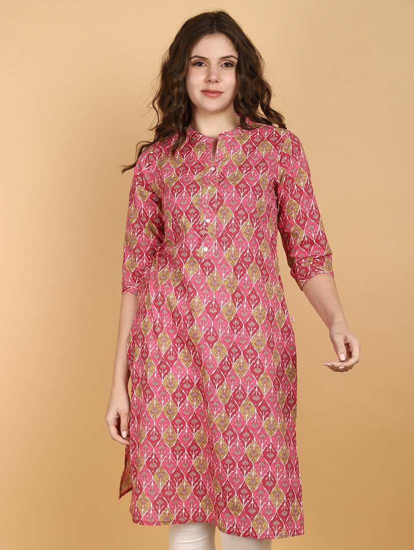 women pink floral printed straight kurta - Main Image