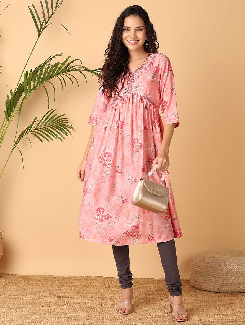 women floral printed v neck flared kurta - 21705601 -  Standard Image - 3