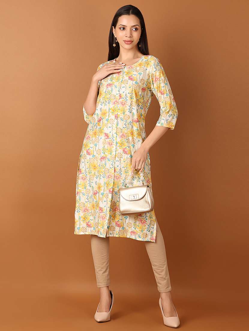 women floral printed three quarter sleeve straight kurta - 21705605 -  Standard Image - 3