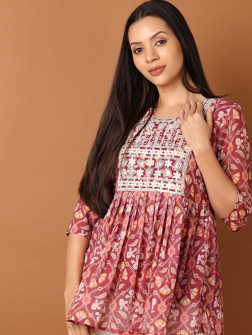 women maroon floral printed flared kurti - 21705615 -  Standard Image - 3
