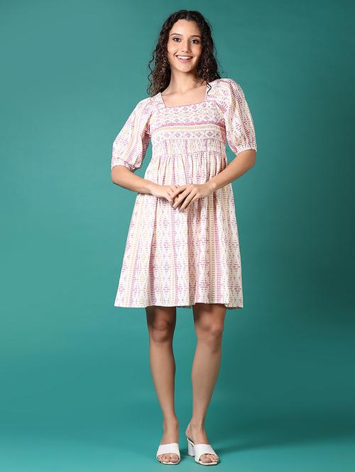 women printed puff sleeves fit & flare dress - 21705621 - Standard Image - 0