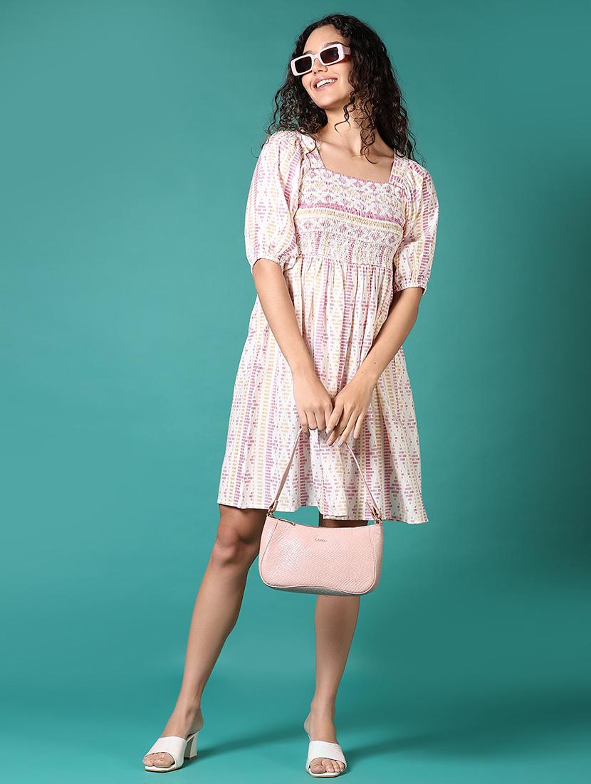 women printed puff sleeves fit & flare dress - 21705621 - Standard Image - 3