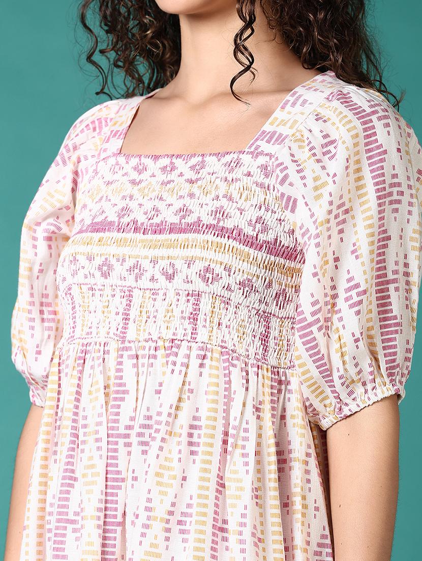 women printed puff sleeves fit & flare dress - 21705621 - Standard Image - 5