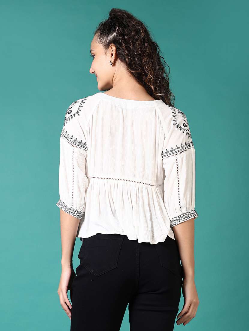 women embroidered puff sleeves a-line top - 21705624 -  Standard Image - 3