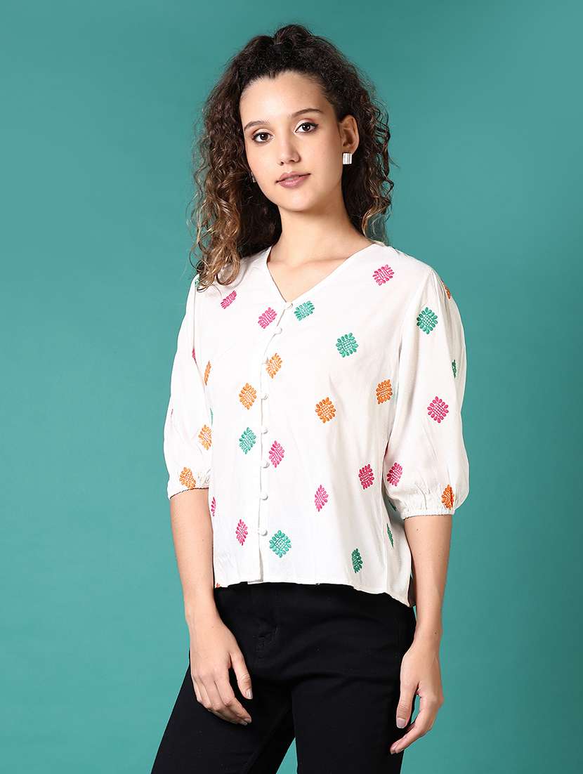 women embroidered puff sleeves regular top