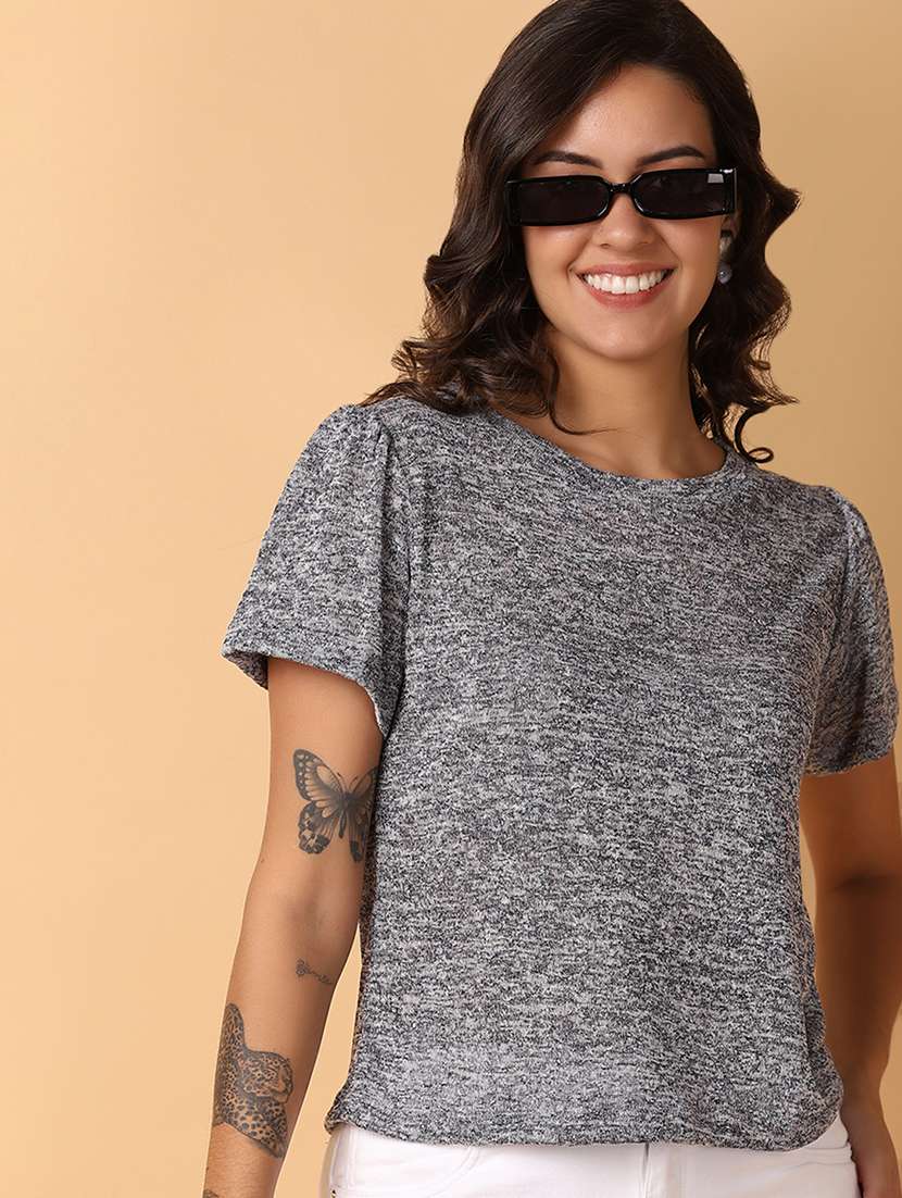 women grey solid short sleeve top - 21705662 -  Standard Image - 3