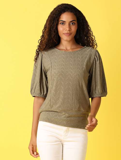 women solid cut out detailed puff sleeves top - 21705668 -  Standard Image - 0