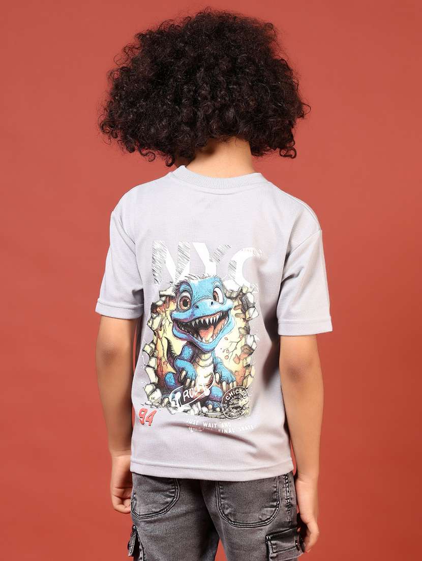 boys grey front & back print round neck t-shirt