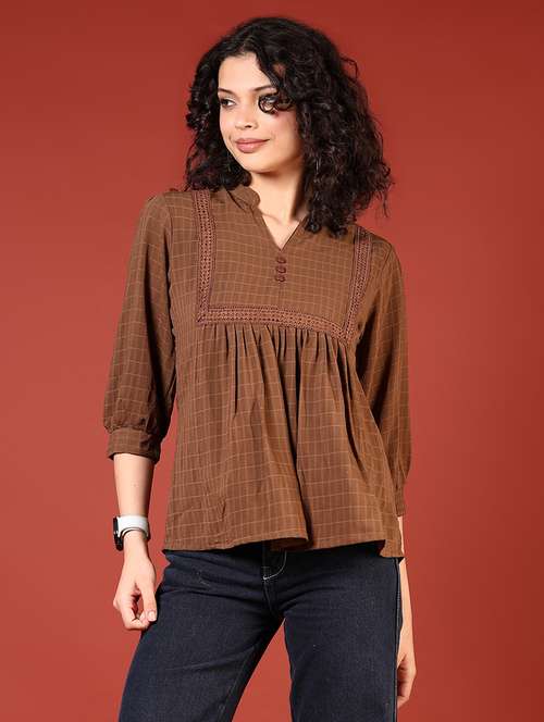 women checkered mandarin neck a-line top - 21705781 -  Standard Image - 0
