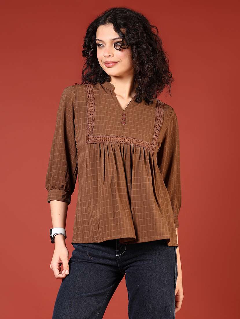 women checkered mandarin neck a-line top - 21705781 -  Zoom Image - 0
