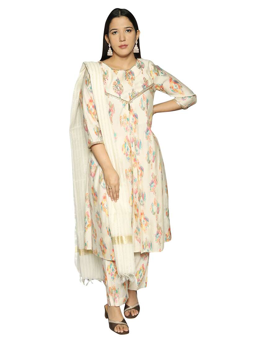 women off white printed kurta pant set with dupatta