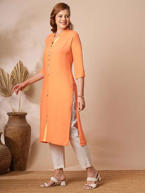 women solid three quarter sleeve straight kurta - 21707204 - Standard Image - 0