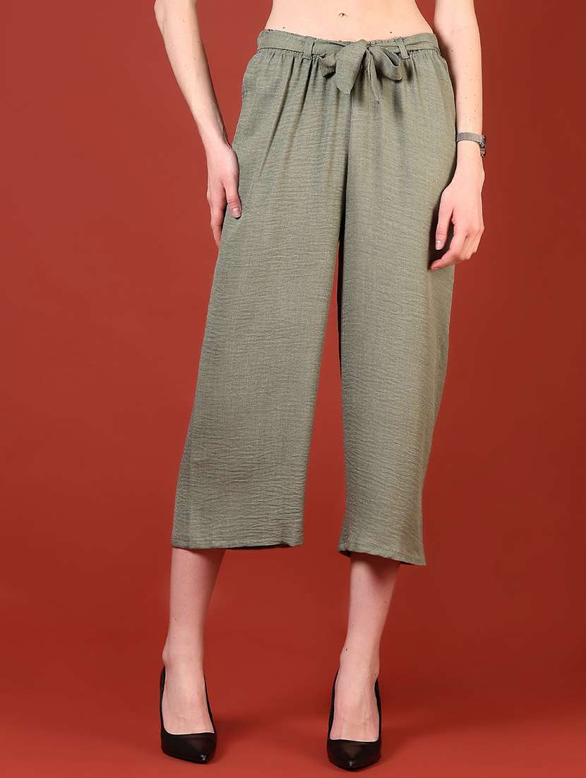 women olive solid mid rise culottes