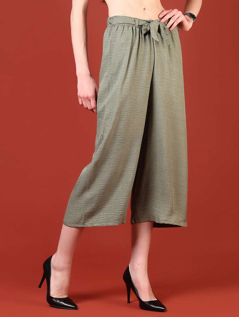women olive solid mid rise culottes - 21707375 - Standard Image - 3