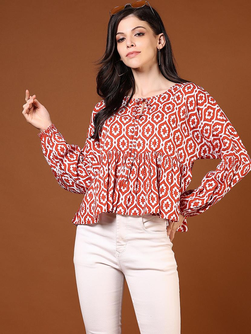 women rust printed long sleeve flared top - 21707438 - Zoom Image - 0