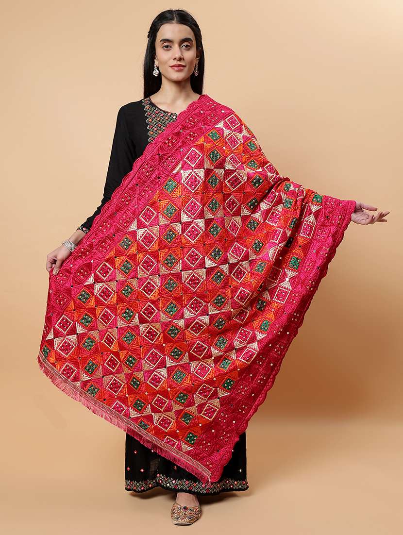 women phulkari dupatta with mirror work